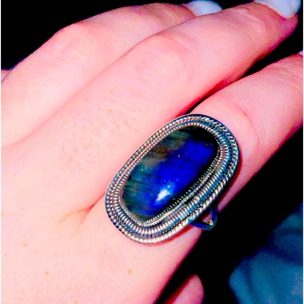 Stunning Size 10 natural labradorite and 925 sterling silver statement ring